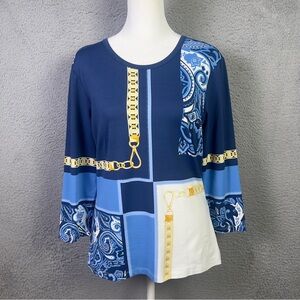 J Mclaughlin Top Womens Medium Blue Printed Catalina Cloth 3/4 Sleeve Preppy
